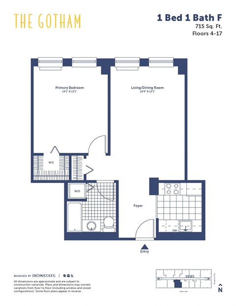 Floor plan for 1 bed, 1 bath, 715 sqft